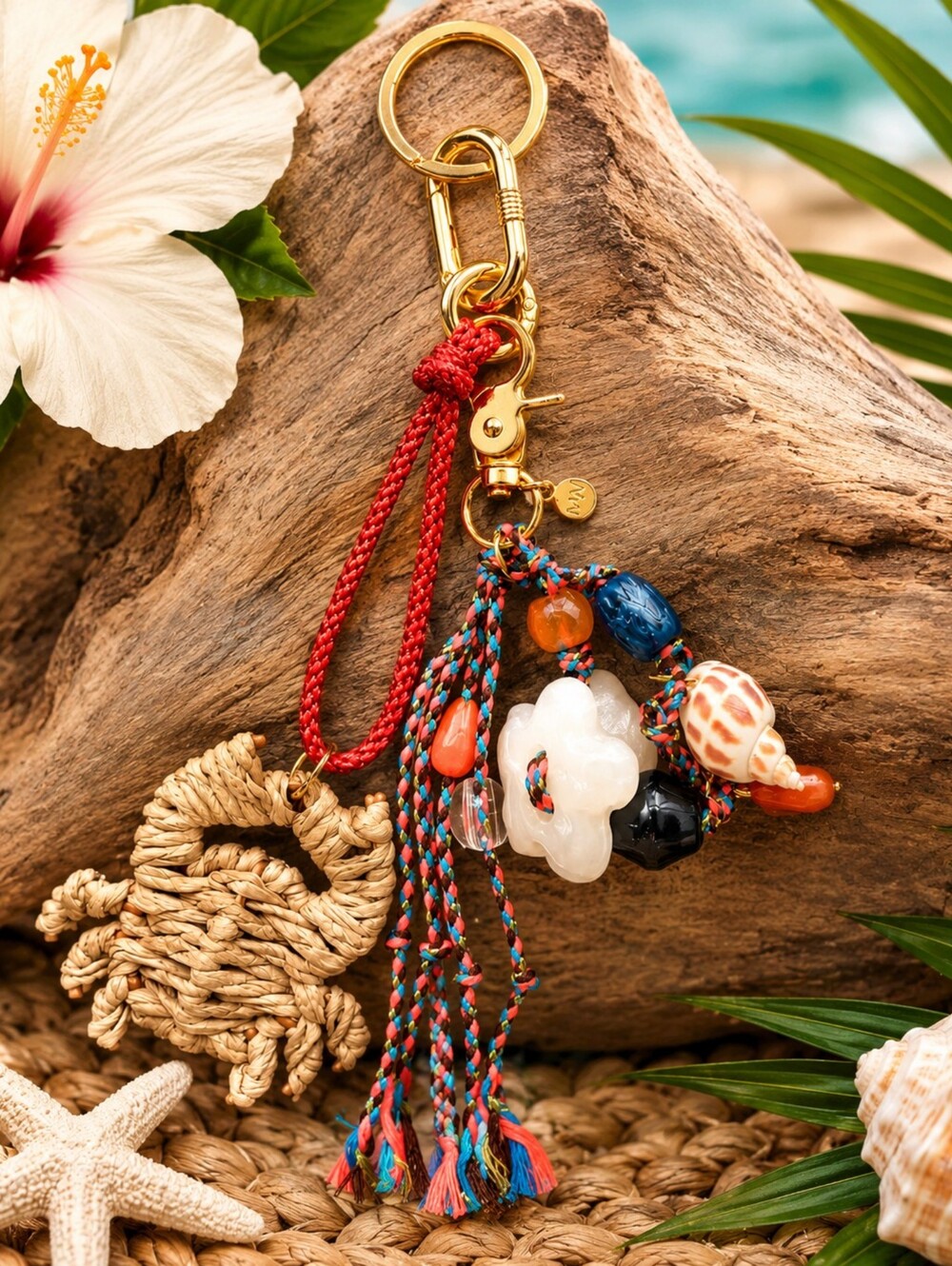 NWT MAYAMAR Multi Color Boho Raffia Crab Bead & Shell Handbag Charm/Gold Keyring